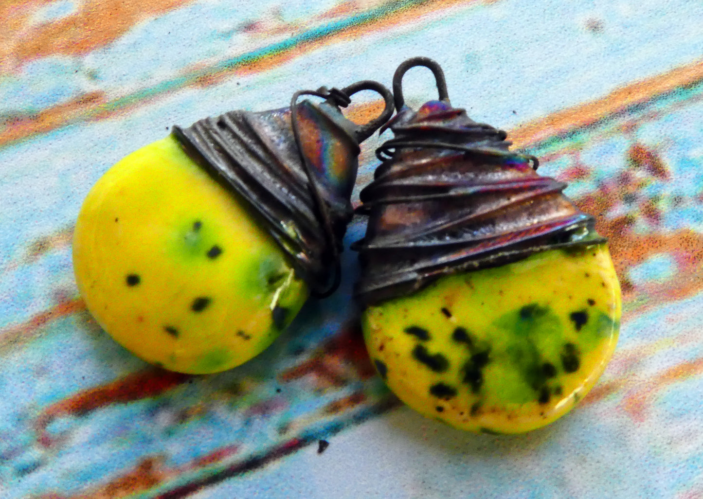 Ceramic Wire Wrapped Flat Drop Earring Charms -Mardi Gras