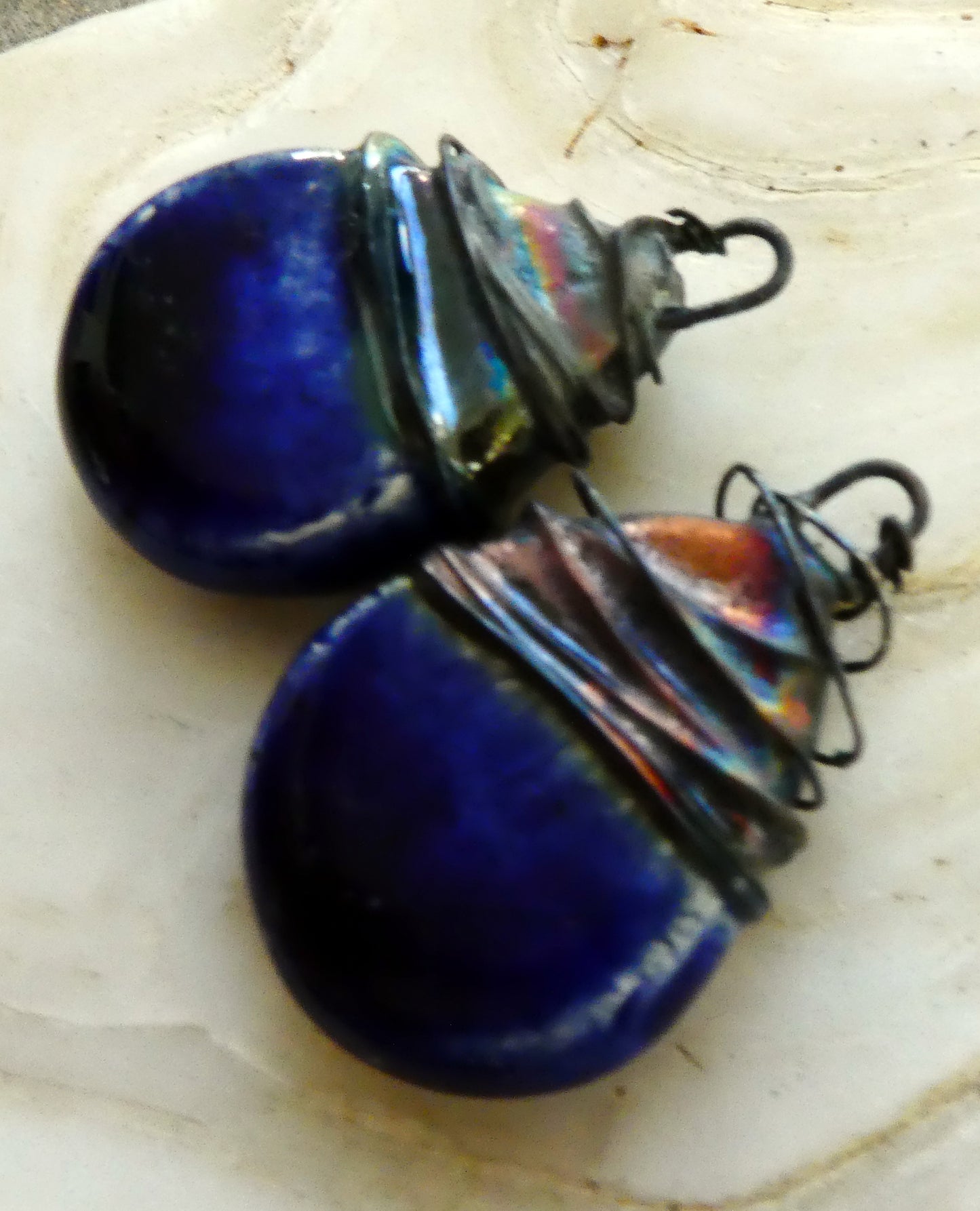 Ceramic Wire Wrapped Flat Drop Earring Charms -Mirror Blue