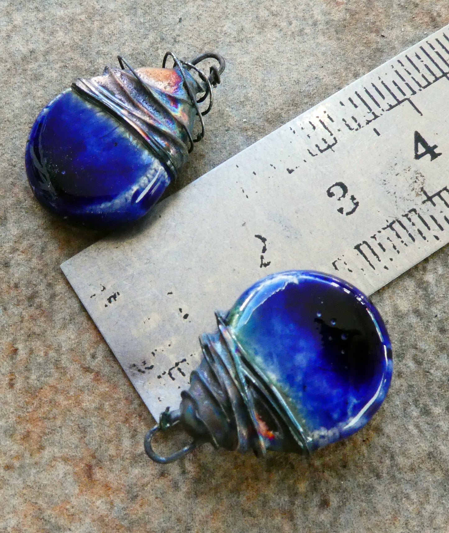 Ceramic Wire Wrapped Flat Drop Earring Charms -Mirror Blue