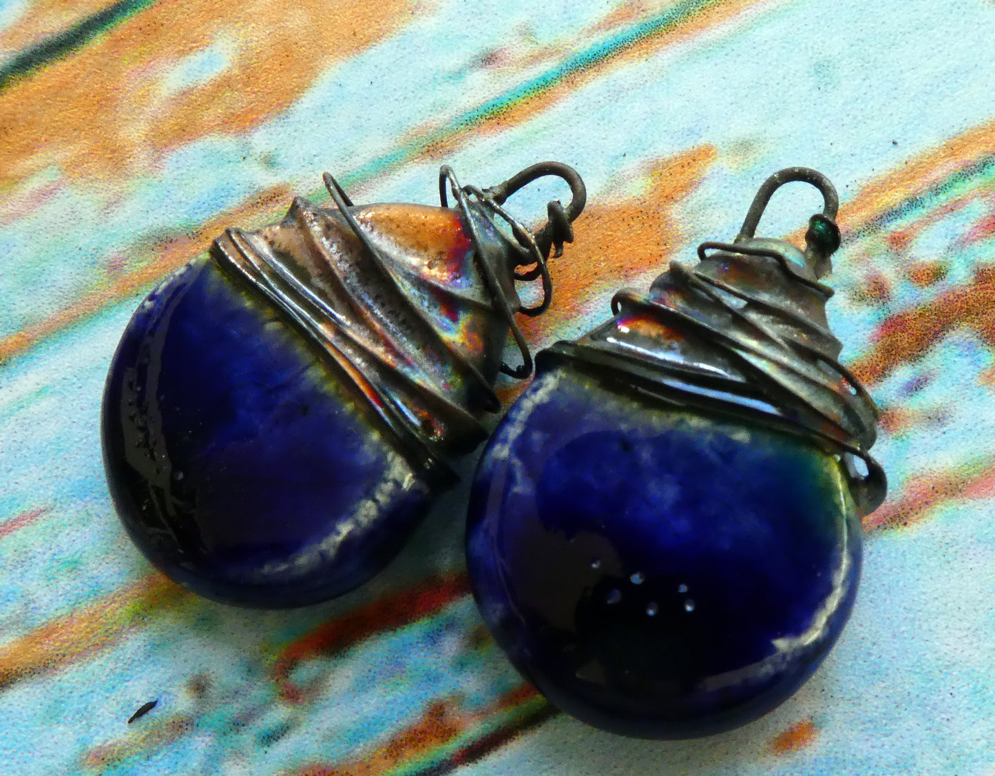 Ceramic Wire Wrapped Flat Drop Earring Charms -Mirror Blue