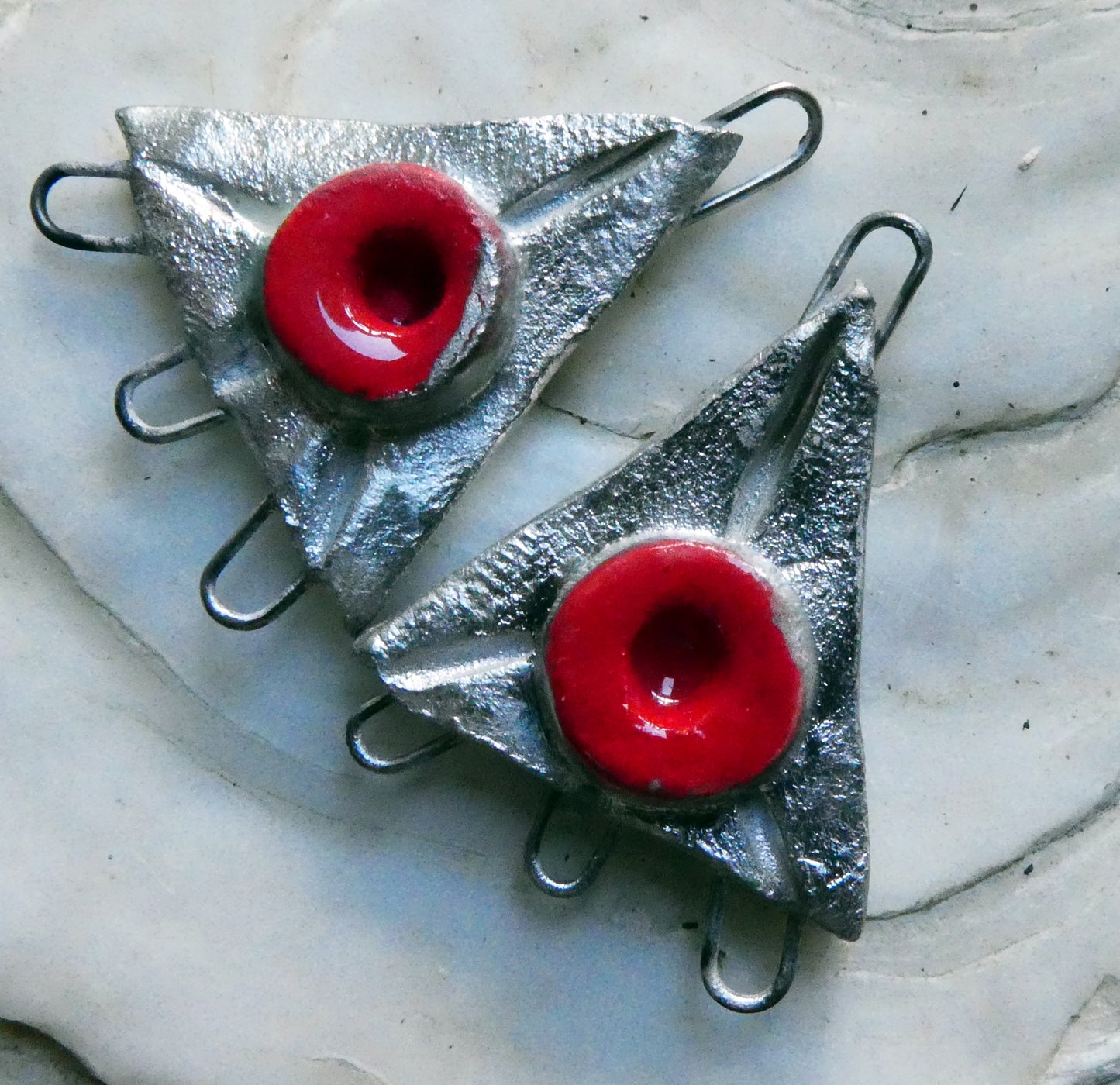 Ceramic Triangle Silvery Earring Connectors -Bright Red