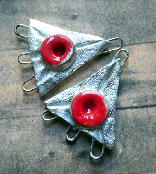 Ceramic Triangle Silvery Earring Connectors -Bright Red