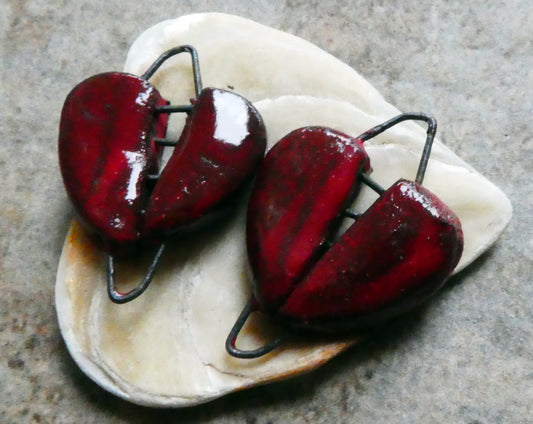 Ceramic Broken Red Hearts Earring Connectors