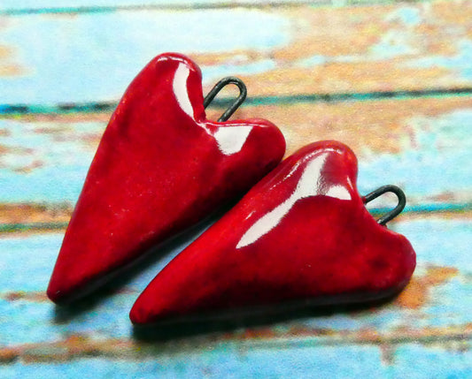 Ceramic Long Hearts Earring Charms - Red