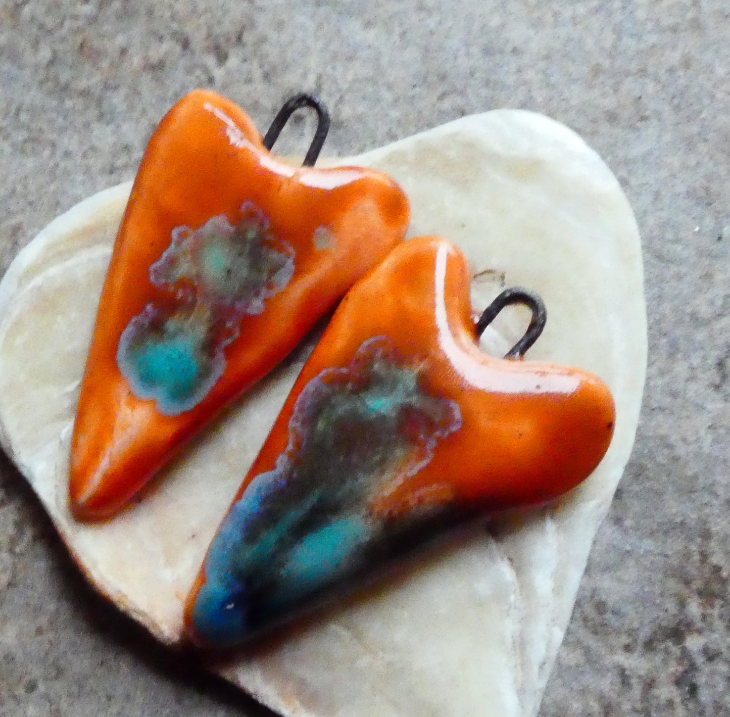 Ceramic Long Hearts Earring Charms - Vermillion Sunburst