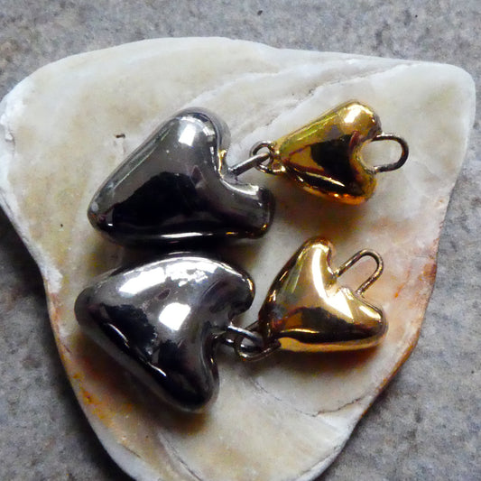 Ceramic Double Heart Dangles - Platinum and Gold