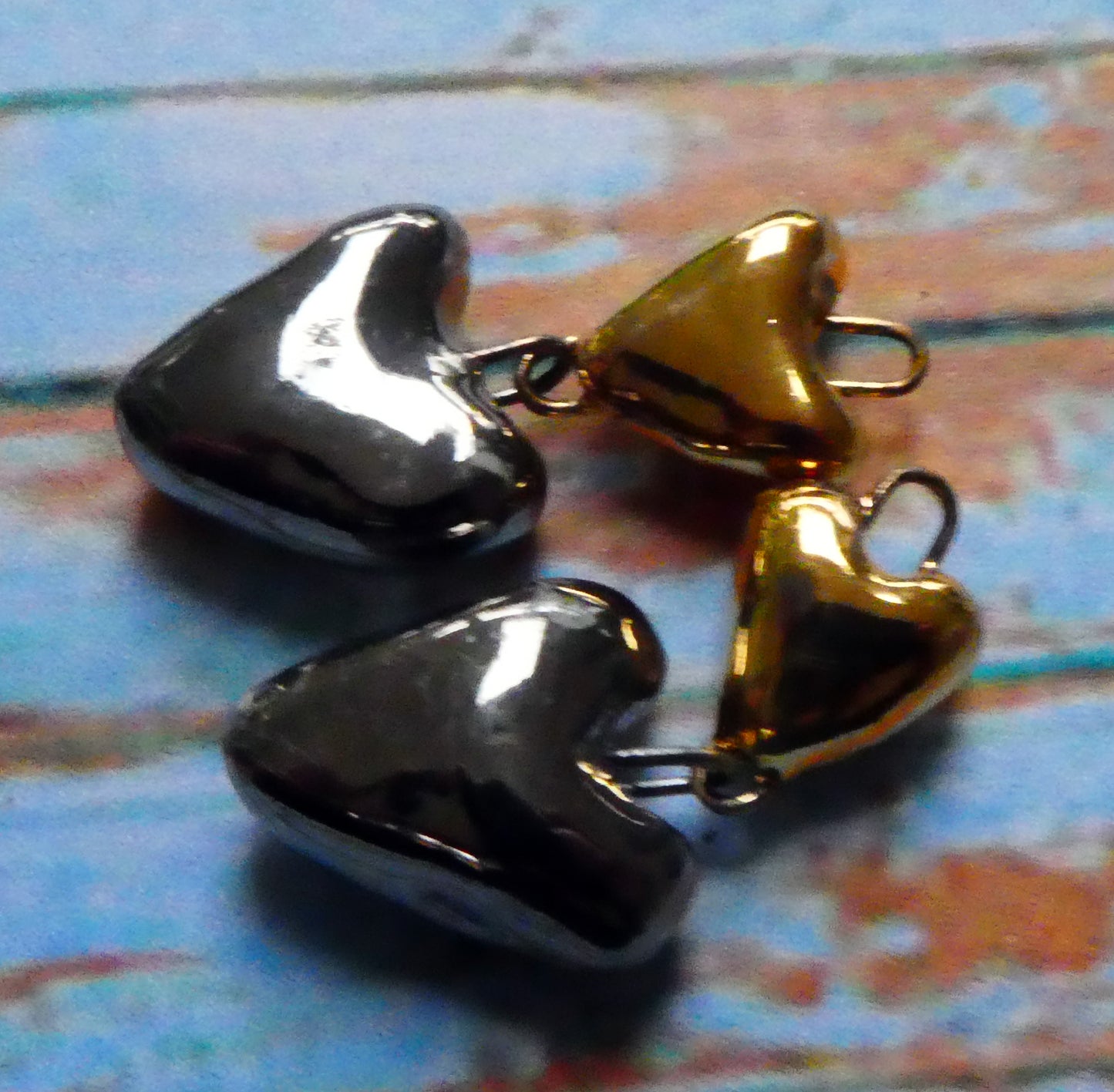 Ceramic Double Heart Dangles - Platinum and Gold