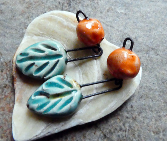 Ceramic Leaf and Berry Dangles- Blue Guppy