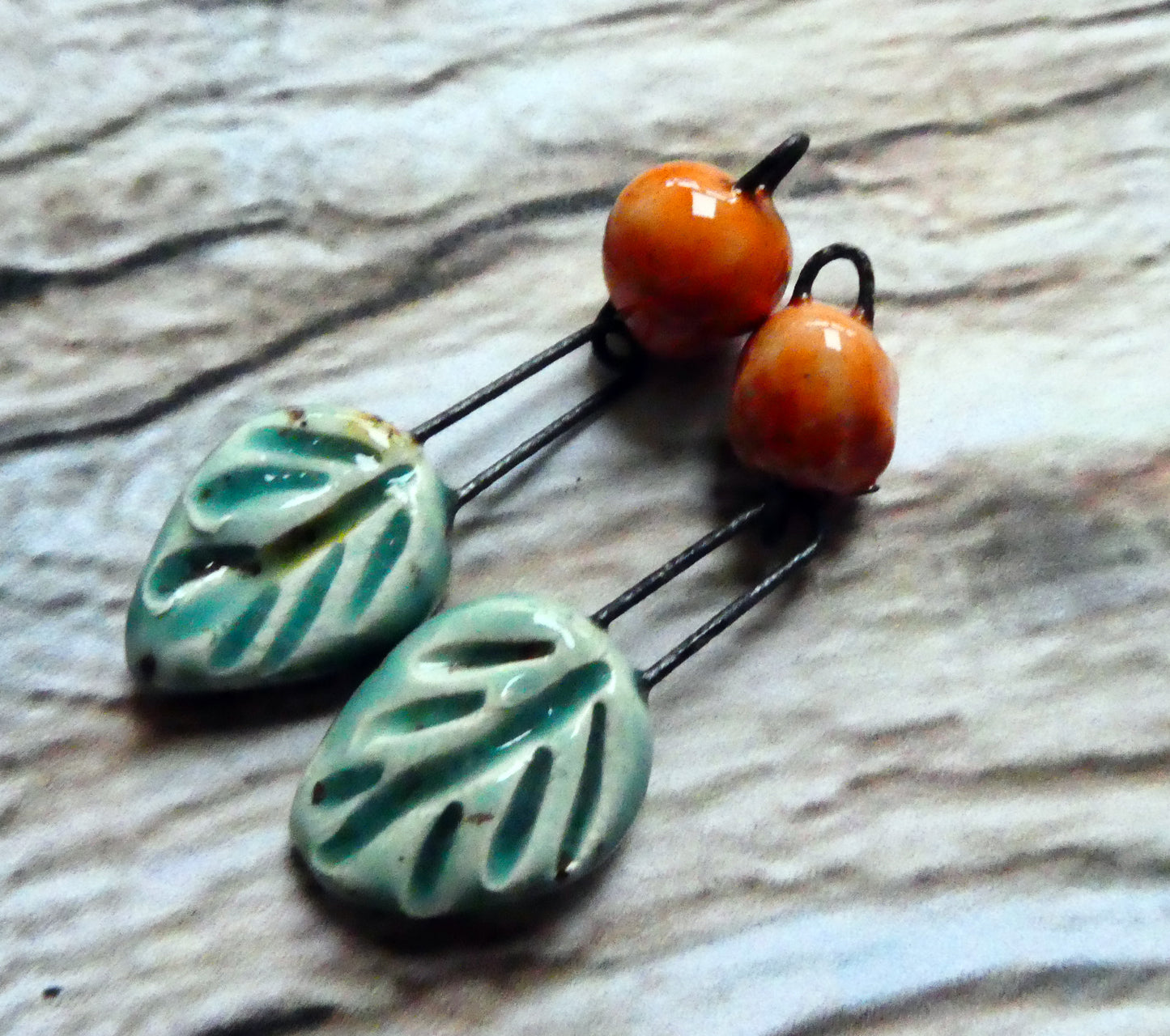 Ceramic Leaf and Berry Dangles- Blue Guppy