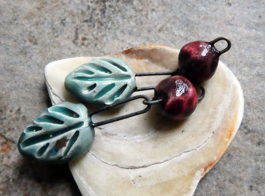 Ceramic Leaf and Berry Dangles- Mystic Jade