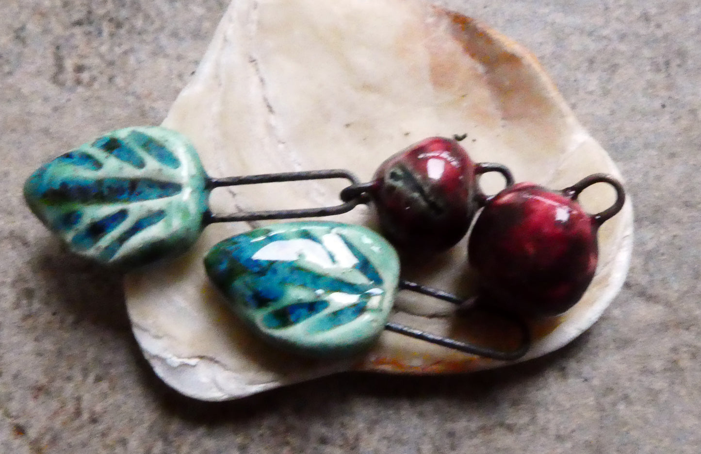 Ceramic Leaf and Berry Dangles- Rockpool