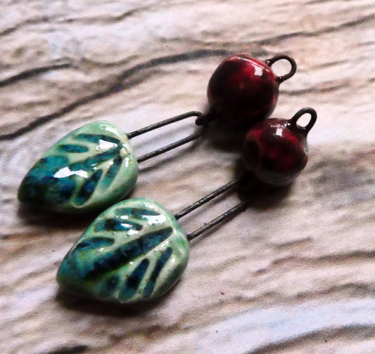 Ceramic Leaf and Berry Dangles- Rockpool