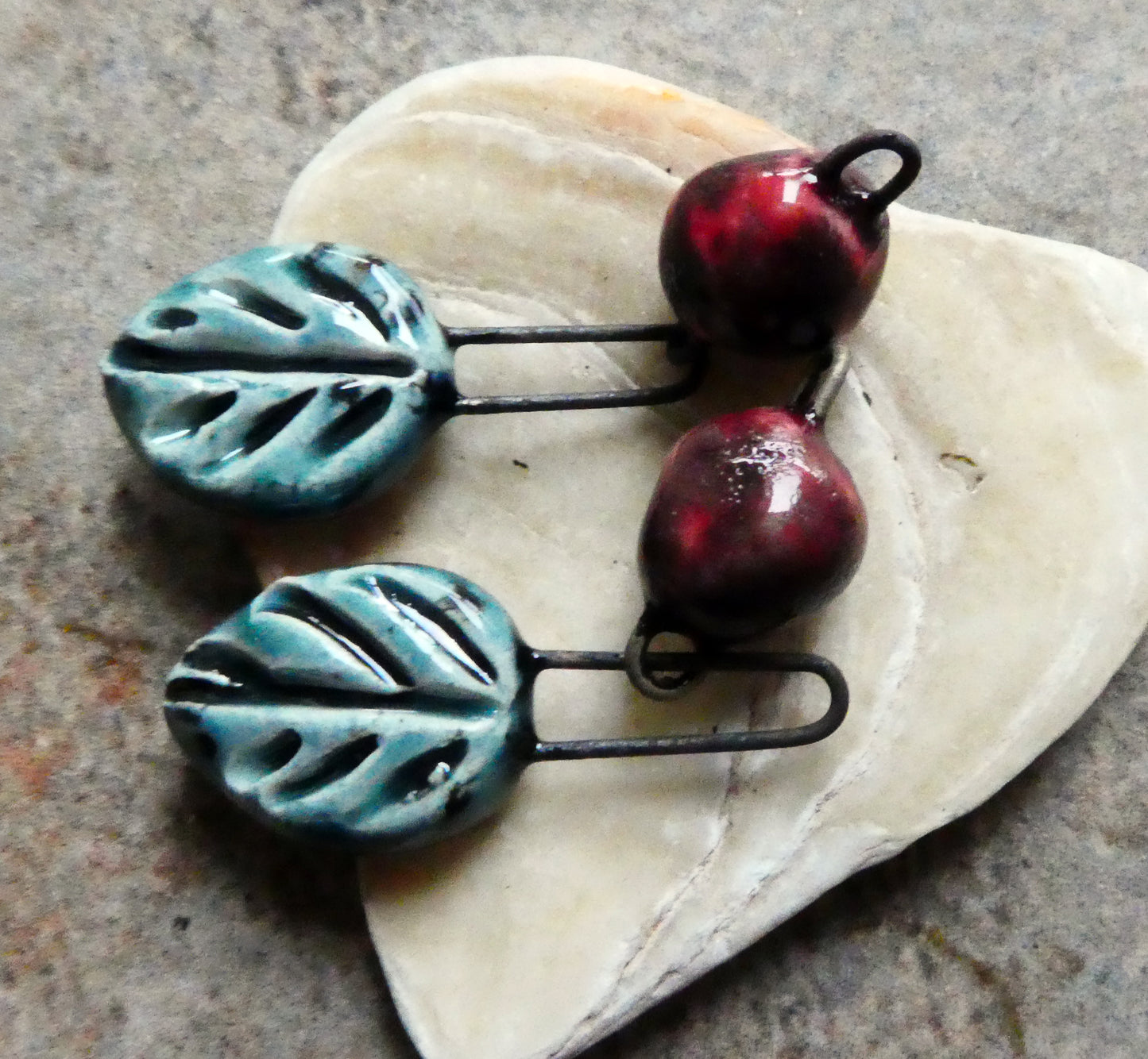 Ceramic Leaf and Berry Dangles- Ocean Mist