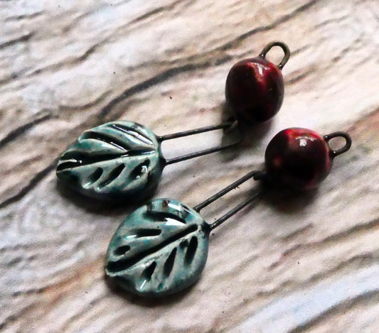 Ceramic Leaf and Berry Dangles- Ocean Mist