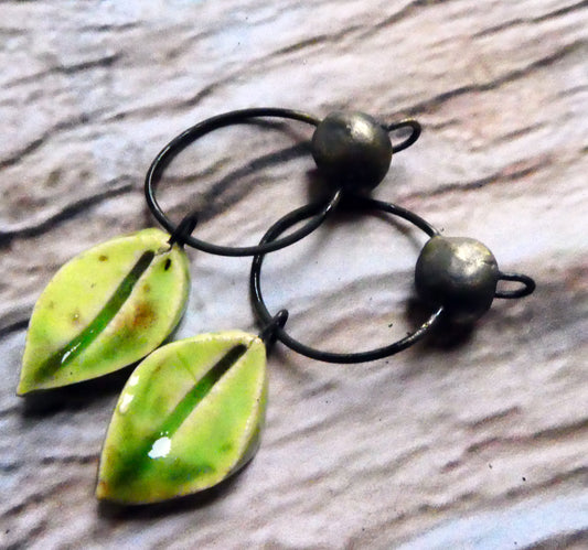 Ceramic Hoopy Leaf and Bobble Dangles- Pistachio