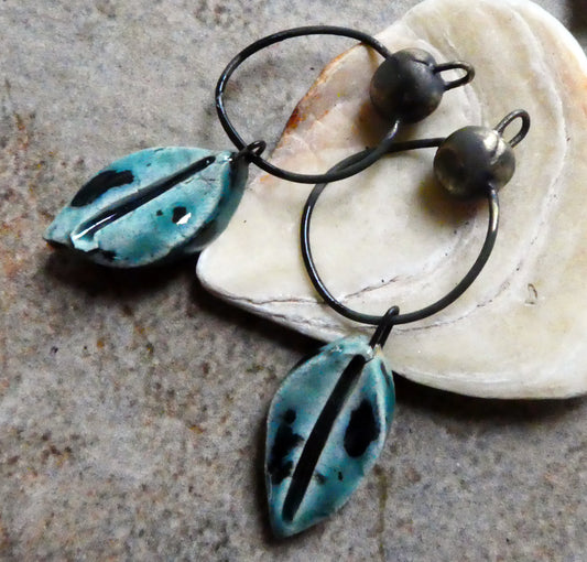 Ceramic Hoopy Leaf and Bobble Dangles- Ocean Mist