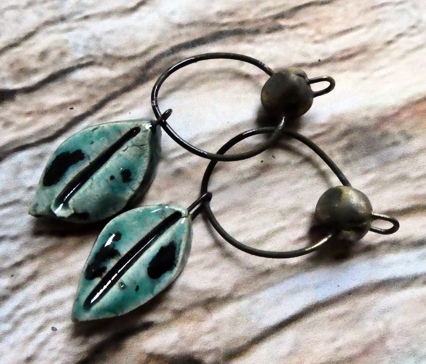 Ceramic Hoopy Leaf and Bobble Dangles- Ocean Mist