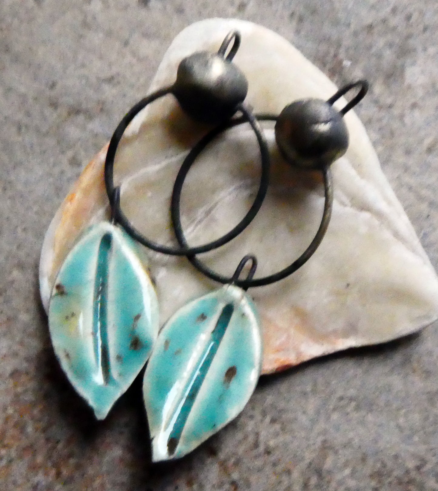 Ceramic Hoopy Leaf and Bobble Dangles- Lotus Blossom