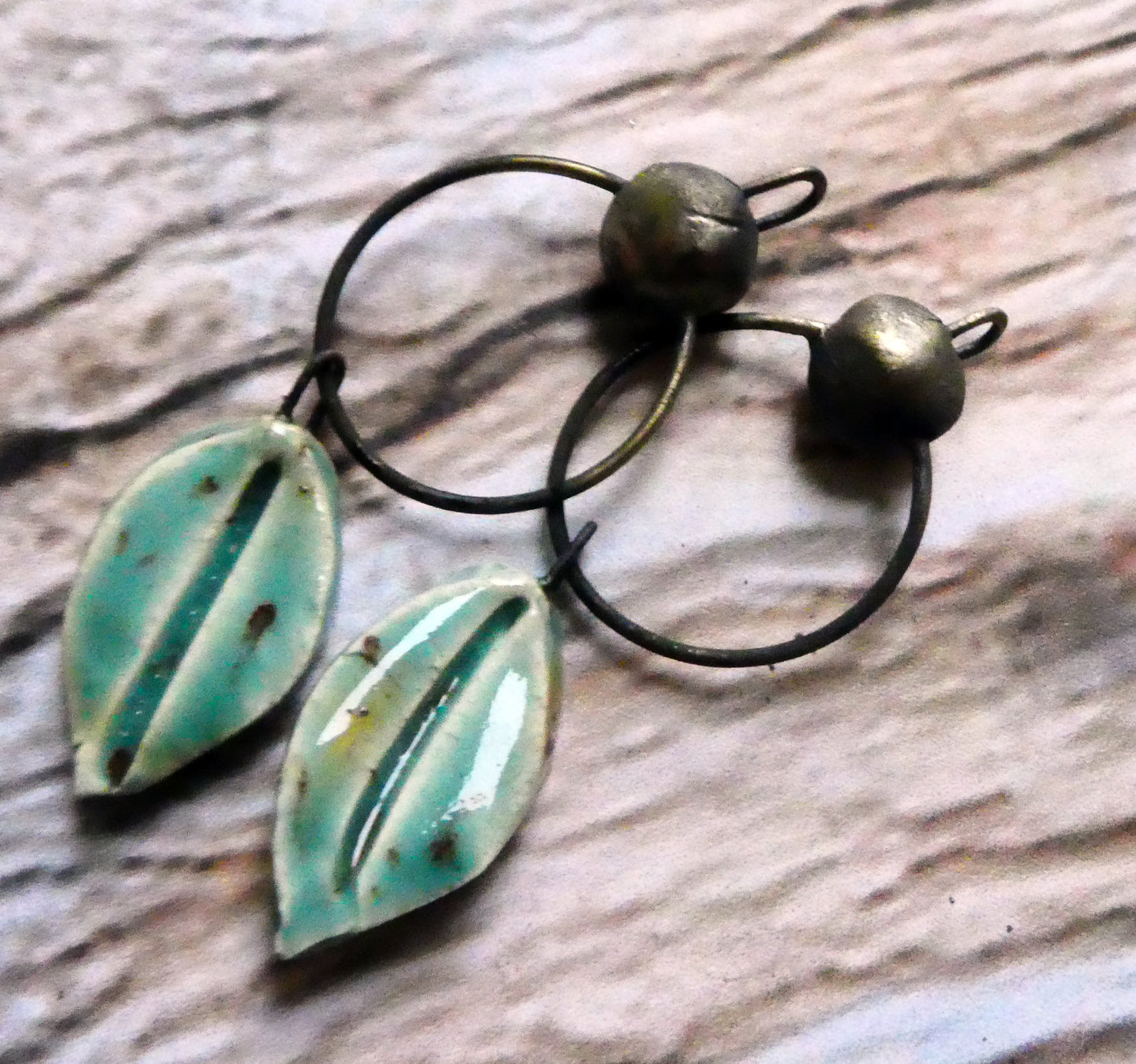 Ceramic Hoopy Leaf and Bobble Dangles- Lotus Blossom