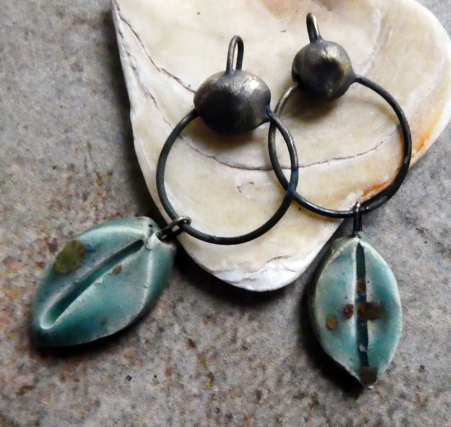 Ceramic Hoopy Leaf and Bobble Dangles- Mystic Jade