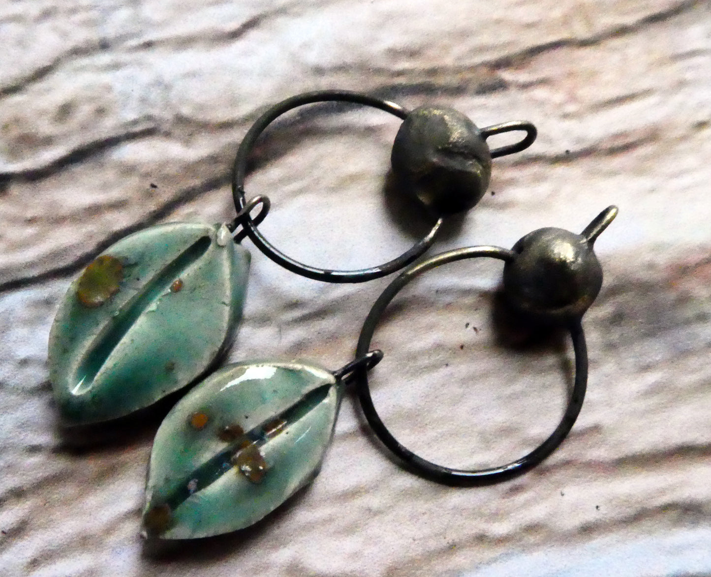 Ceramic Hoopy Leaf and Bobble Dangles- Mystic Jade