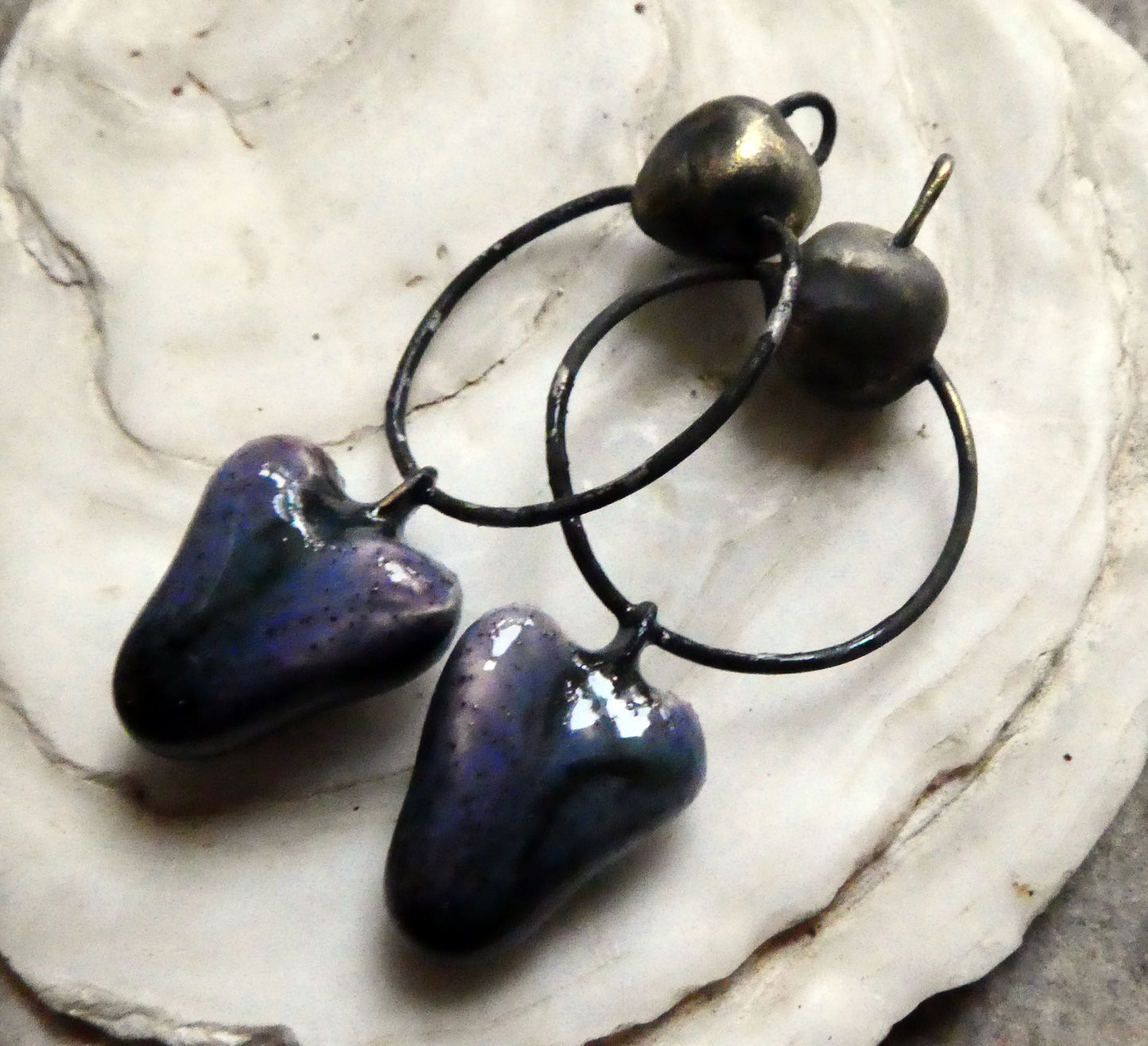 Ceramic Hoopy Heart and Bobble Dangles- Speckled Violet