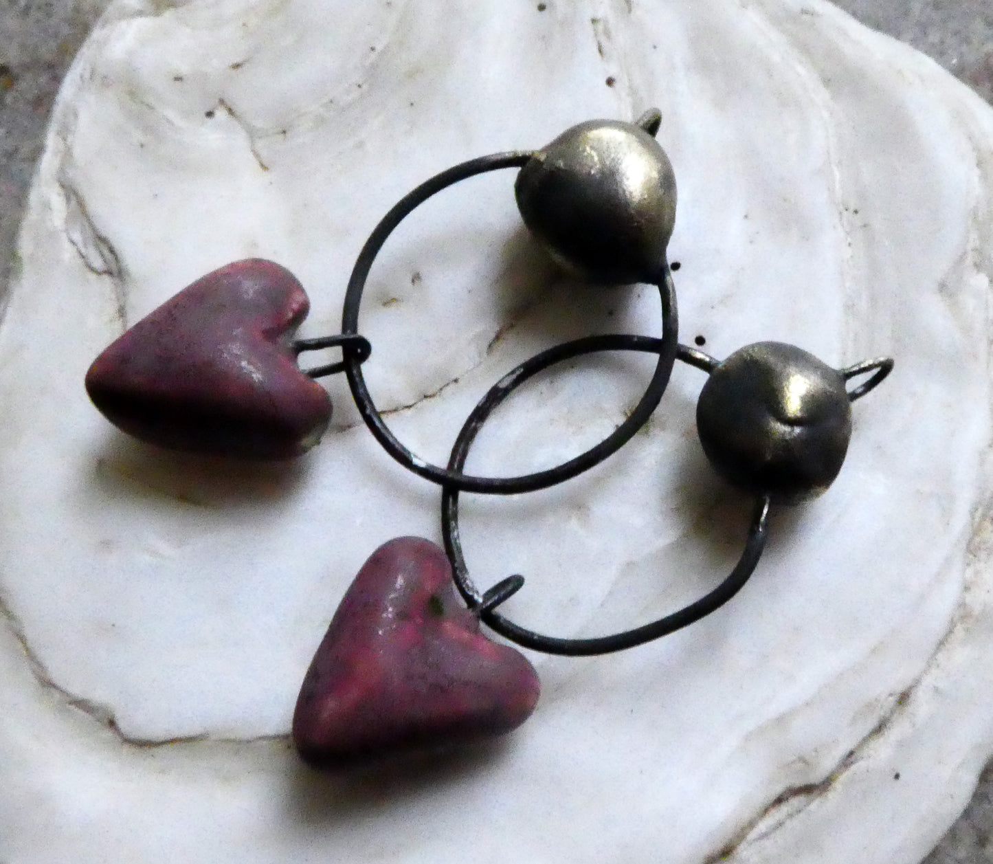 Ceramic Hoopy Heart and Bobble Dangles- Damson