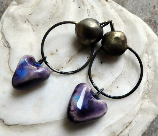 Ceramic Hoopy Heart and Bobble Dangles- Grape Splash