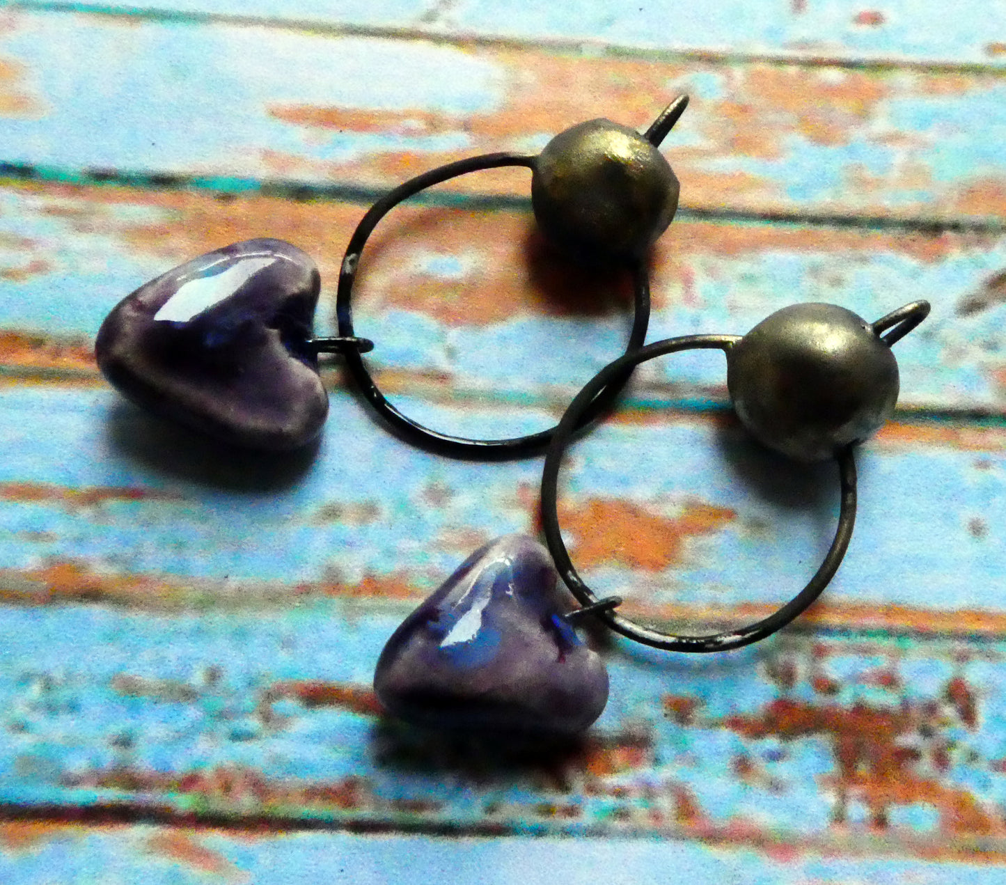 Ceramic Hoopy Heart and Bobble Dangles- Grape Splash