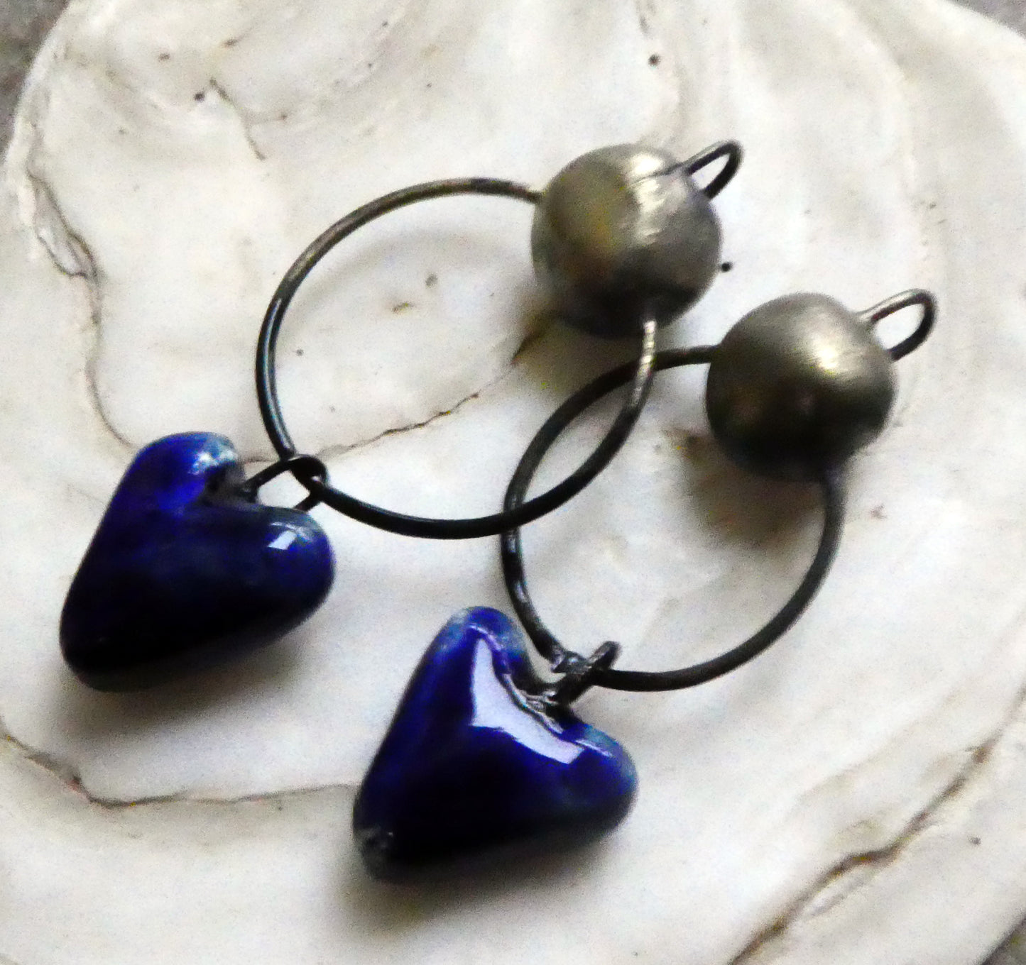 Ceramic Hoopy Heart and Bobble Dangles- Mirror Blue