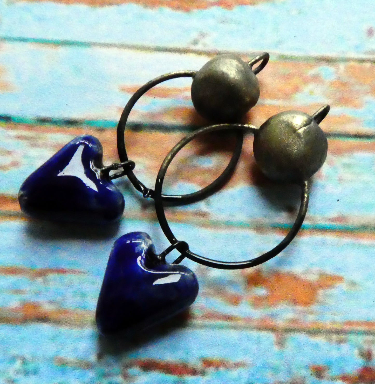 Ceramic Hoopy Heart and Bobble Dangles- Mirror Blue