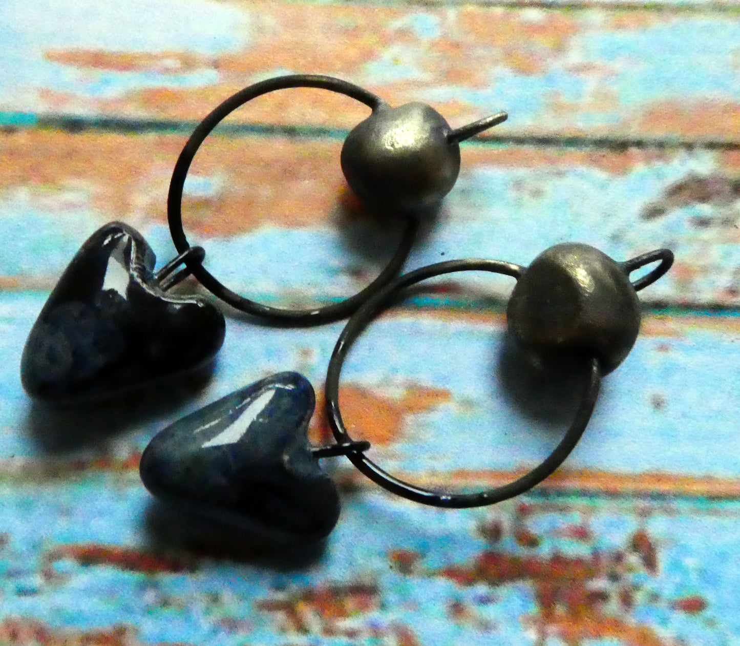 Ceramic Hoopy Heart and Bobble Dangles- Obsidian