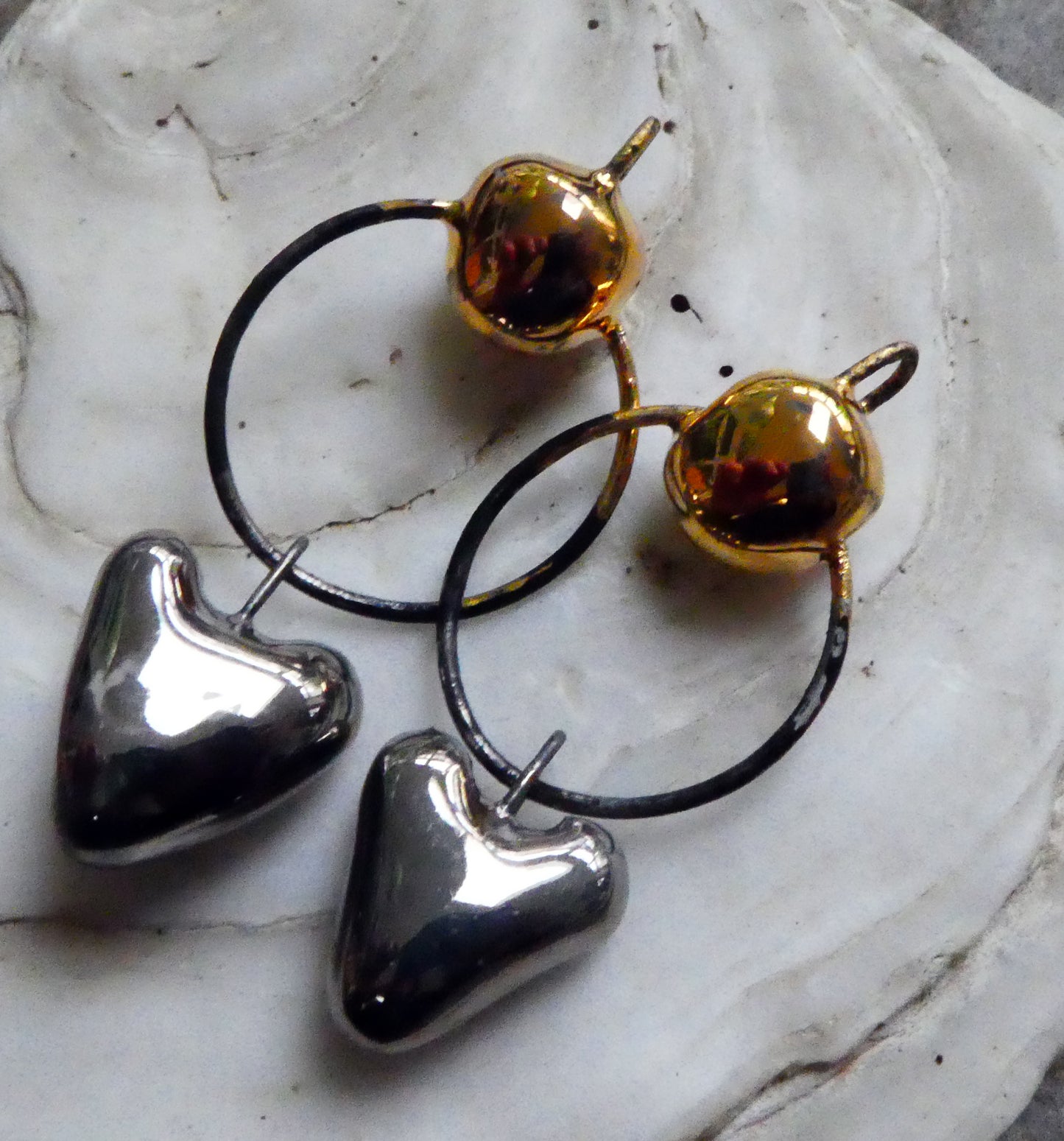 Ceramic Hoopy Heart and Bobble Dangles- Platinum and Gold