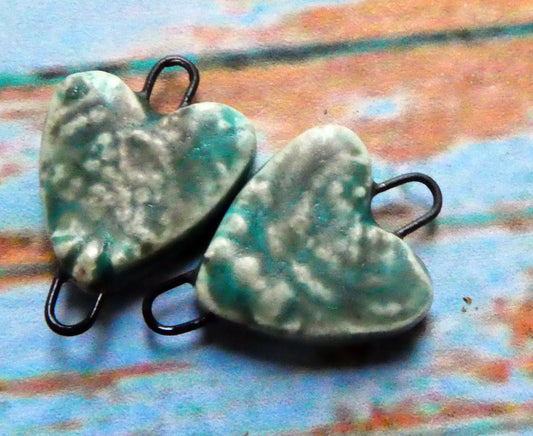 Ceramic Little Textured Heart Connectors - Antique Turquoise