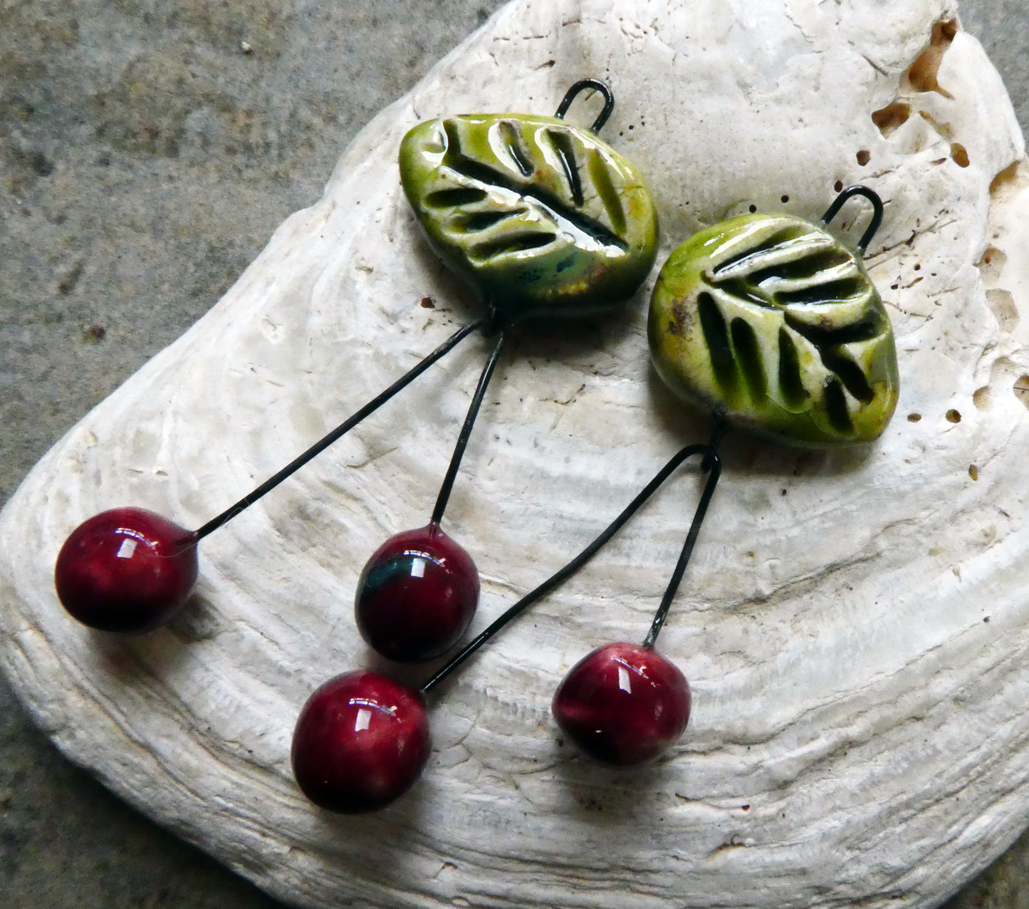 Ceramic Leaf and Cherry Dangles - Pagoda
