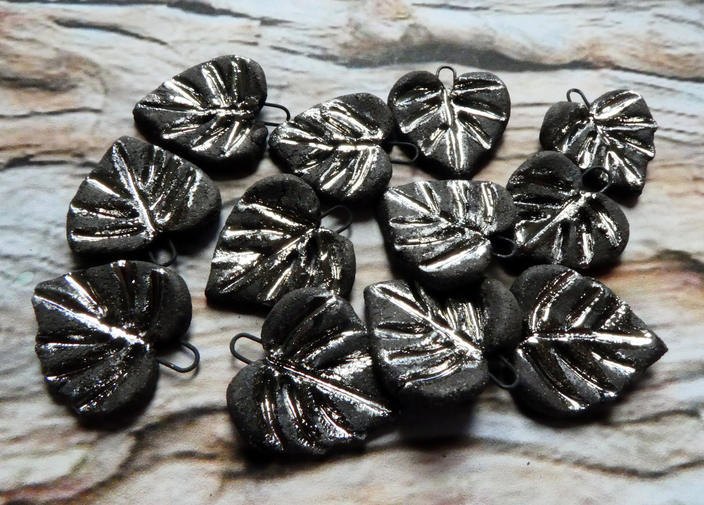 Ceramic Black and Platinum Heart Shaped Leaf Charms