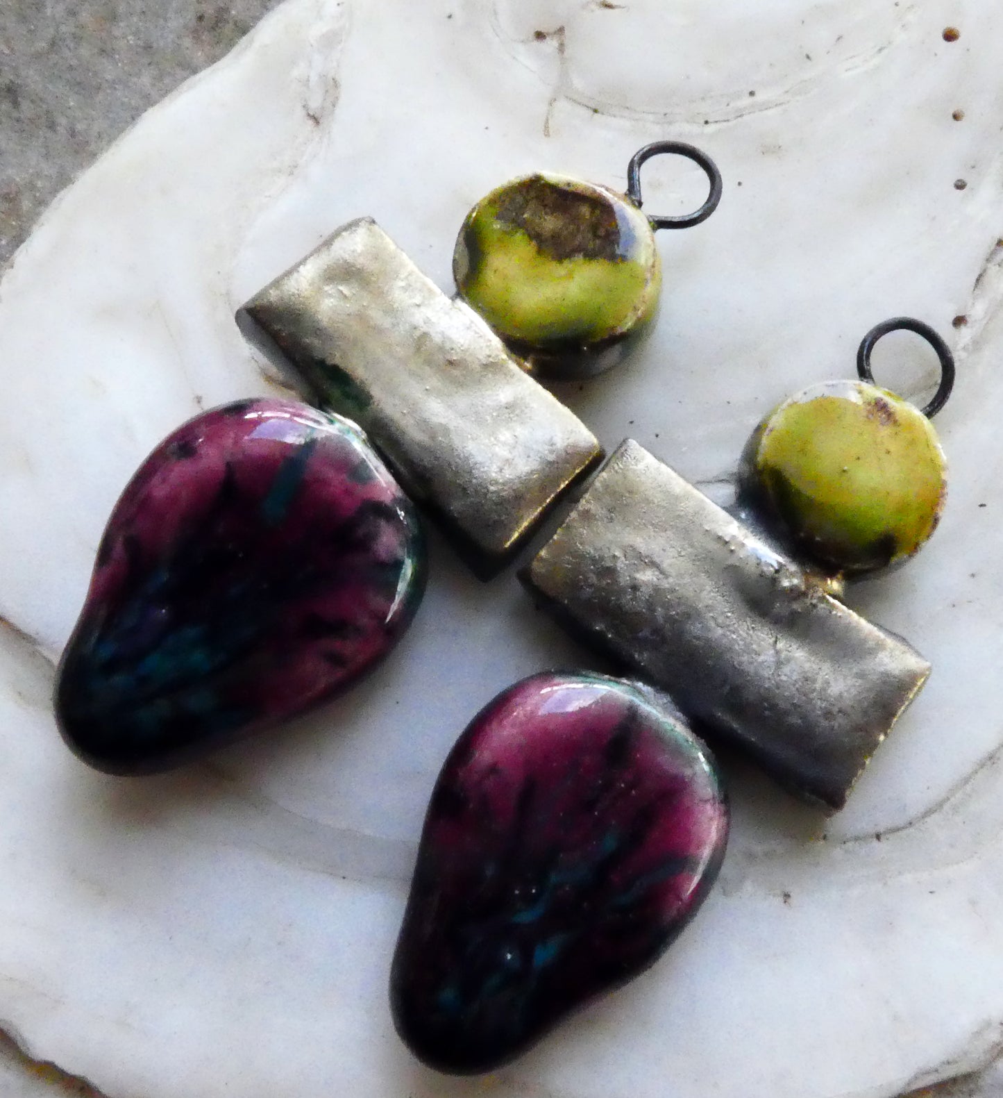 Ceramic Mixed Shape Stack Charms -Peppered Raspberry and Pagoda