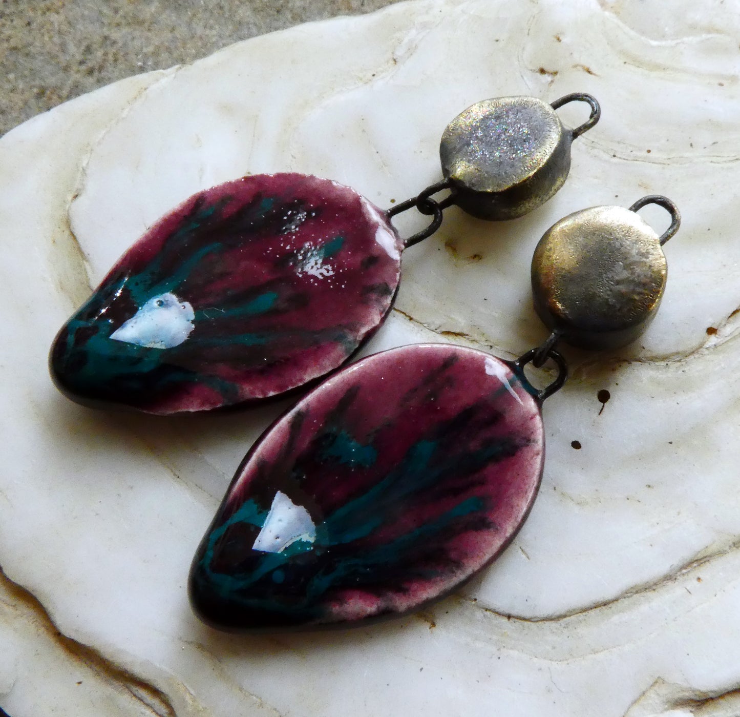 Ceramic Slim Leaf Dangles -Peppered Raspberry