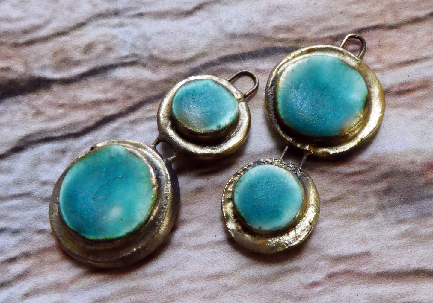 Ceramic Asymmetric Double Moulded Disc Charms -Antique Turquoise