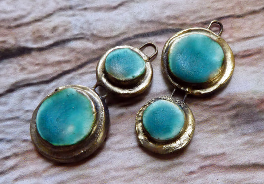 Ceramic Asymmetric Double Moulded Disc Charms -Antique Turquoise