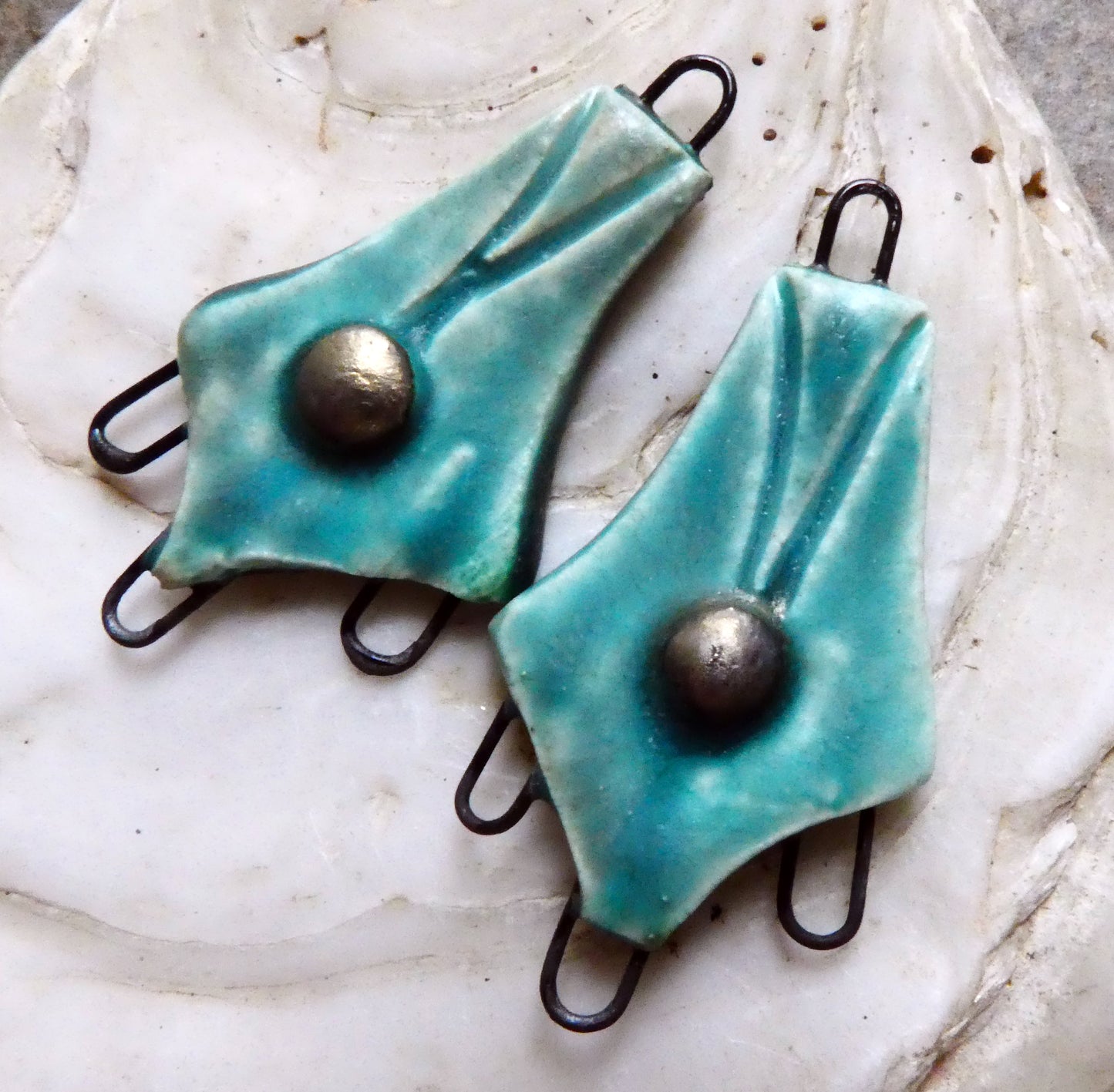 Ceramic Decorative Three Hoop Earring Connectors - Antique Turquoise