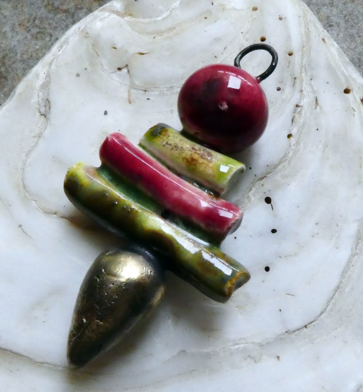 Ceramic Mixed Shape Stack Mini Pendant - Pagoda and Maroon Lagoon