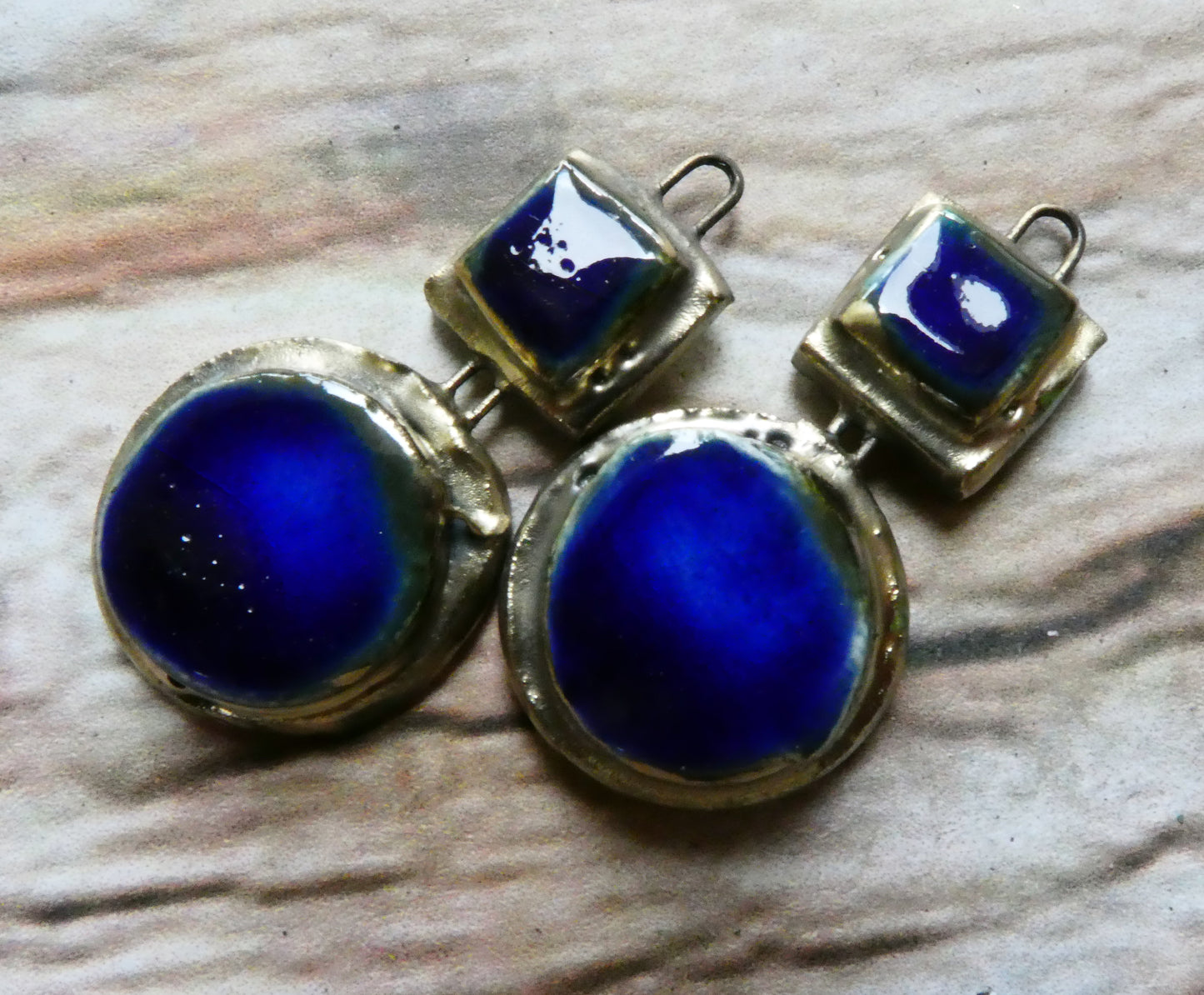 Ceramic Moulded Square and Disc Charms - Mirror Blue
