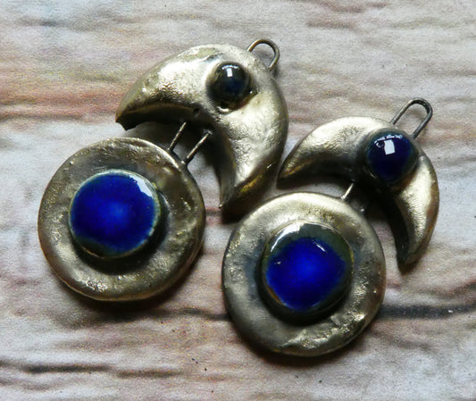 Ceramic Moulded Crescent and Disc Charms - Mirror Blue