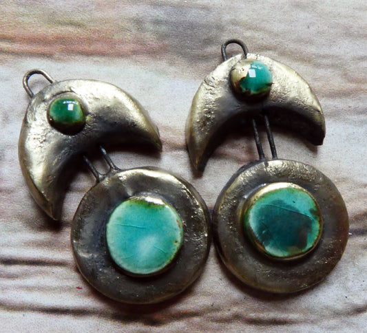 Ceramic Moulded Crescent and Disc Charms - Antique Turquoise