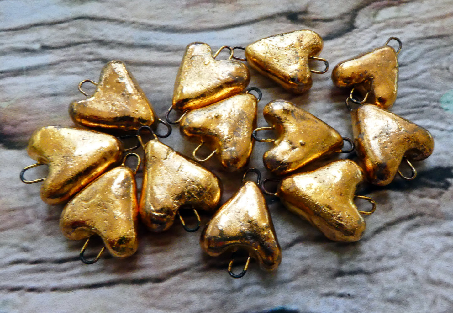 Ceramic Little Heart Connectors -Gold Lustre