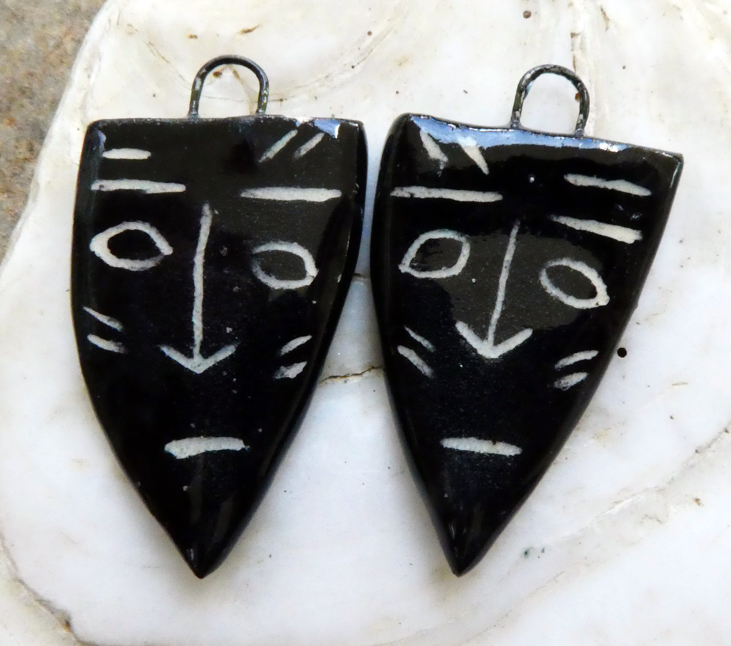 Ceramic Sgraffito Tribal Mask Gloss Earring Charms #2