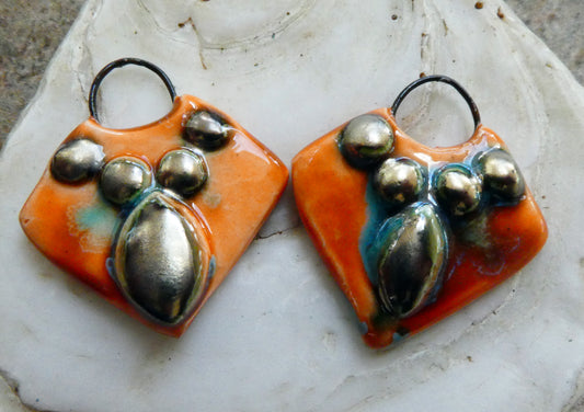 Ceramic Granular Shield Earring Charms - Vermillion Sunburst