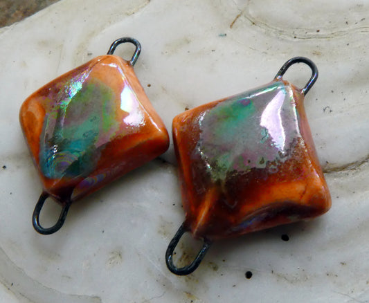 Ceramic Little Lustrous Cushion Earring Connectors - Vermillion Sunburst