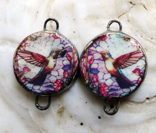 Ceramic Little Disc Stained Glass Hummingbird Decal Earring Connectors #1